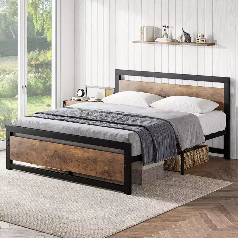 Struttura Letto Matrimoniale Queen Retro Marrone con Testiera e Pediera in Legno, 2 Posti