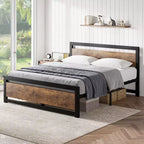 Struttura Letto Matrimoniale Queen Retro Marrone con Testiera e Pediera in Legno, 2 Posti