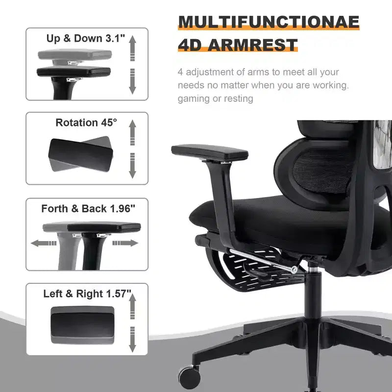 Sedia direzionale ergonomica nera in rete, 1 persona, braccioli e altezza regolabili