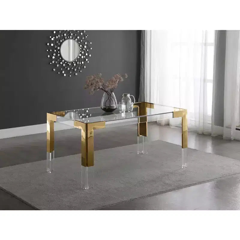 Tavolo da pranzo rettangolare in vetro trasparente, struttura in metallo, oro intenso/cromo intenso, 4 posti