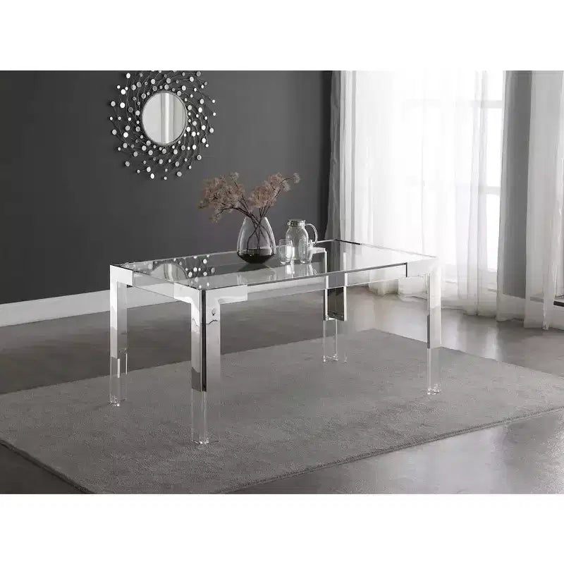 Tavolo da pranzo rettangolare in vetro trasparente, struttura in metallo, oro intenso/cromo intenso, 4 posti