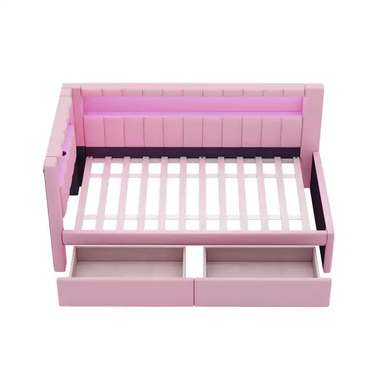 Divano Letto Singolo Imbottito Rosa/Bianco con 2 Cassetti, Testiera a L, Porte USB e LED — Posti a Sedere: 1