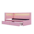 Divano Letto Singolo Imbottito Rosa/Bianco con 2 Cassetti, Testiera a L, Porte USB e LED — Posti a Sedere: 1