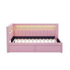 Divano Letto Singolo Imbottito Rosa/Bianco con 2 Cassetti, Testiera a L, Porte USB e LED — Posti a Sedere: 1