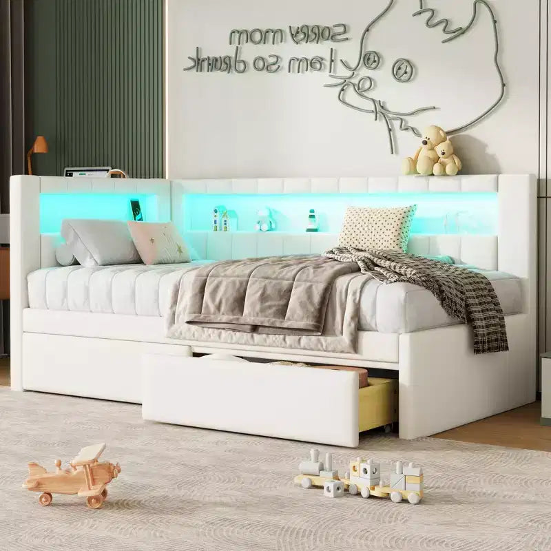 Divano Letto Singolo Imbottito Rosa/Bianco con 2 Cassetti, Testiera a L, Porte USB e LED — Posti a Sedere: 1