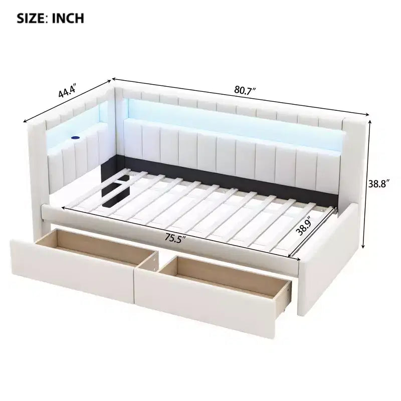 Divano Letto Singolo Imbottito Rosa/Bianco con 2 Cassetti, Testiera a L, Porte USB e LED — Posti a Sedere: 1
