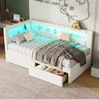 Divano Letto Singolo Imbottito Rosa/Bianco con 2 Cassetti, Testiera a L, Porte USB e LED — Posti a Sedere: 1