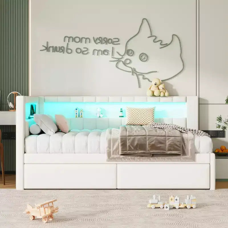 Divano Letto Singolo Imbottito Rosa/Bianco con 2 Cassetti, Testiera a L, Porte USB e LED — Posti a Sedere: 1