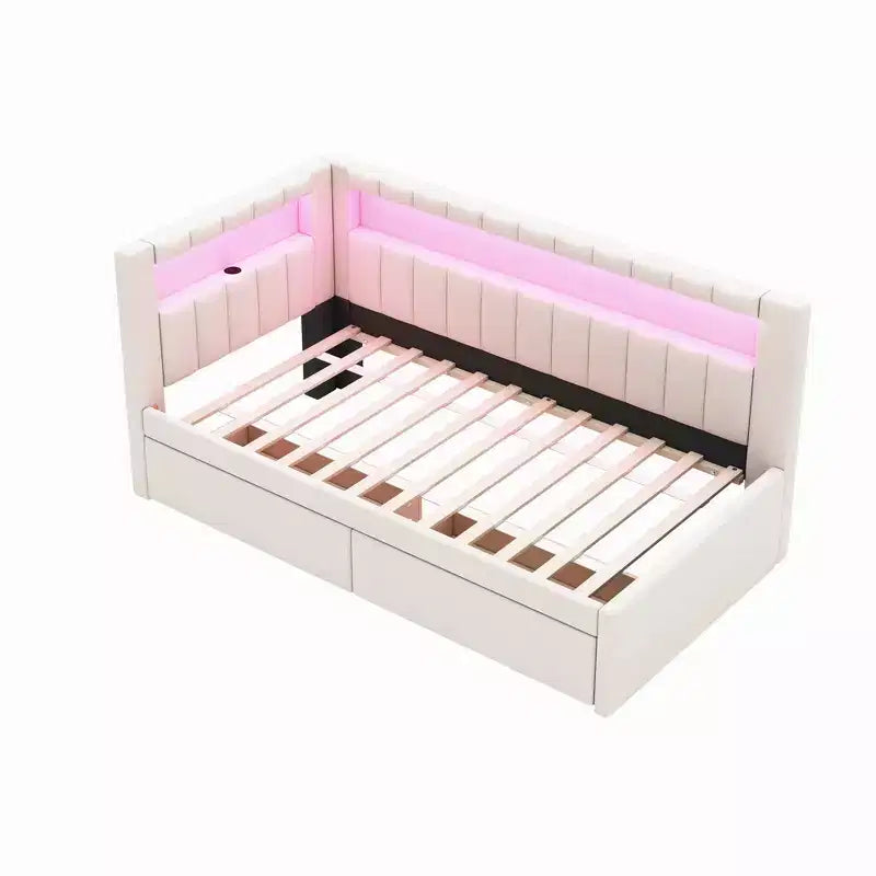 Divano Letto Singolo Imbottito Rosa/Bianco con 2 Cassetti, Testiera a L, Porte USB e LED — Posti a Sedere: 1