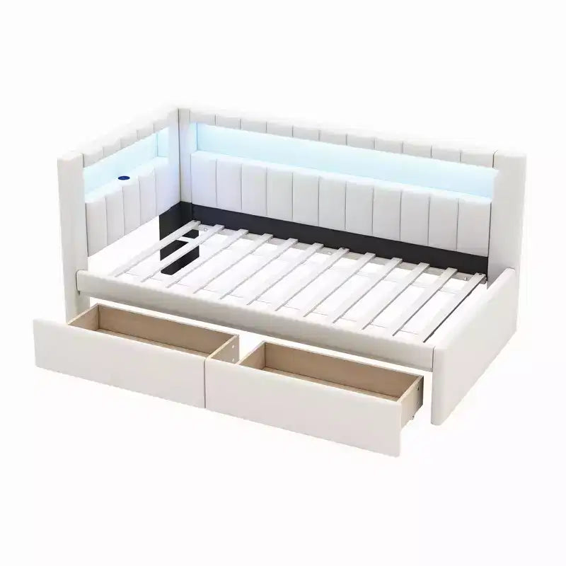 Divano Letto Singolo Imbottito Rosa/Bianco con 2 Cassetti, Testiera a L, Porte USB e LED — Posti a Sedere: 1