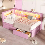 Divano Letto Singolo Imbottito Rosa/Bianco con 2 Cassetti, Testiera a L, Porte USB e LED — Posti a Sedere: 1