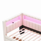 Divano Letto Singolo Imbottito Rosa/Bianco con 2 Cassetti, Testiera a L, Porte USB e LED — Posti a Sedere: 1