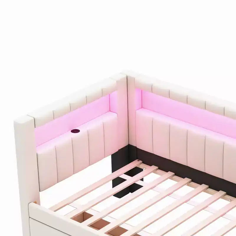 Divano Letto Singolo Imbottito Rosa/Bianco con 2 Cassetti, Testiera a L, Porte USB e LED — Posti a Sedere: 1