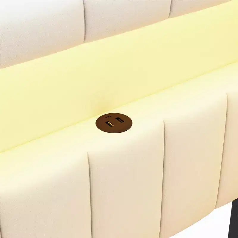 Divano Letto Singolo Imbottito Rosa/Bianco con 2 Cassetti, Testiera a L, Porte USB e LED — Posti a Sedere: 1