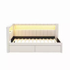Divano Letto Singolo Imbottito Rosa/Bianco con 2 Cassetti, Testiera a L, Porte USB e LED — Posti a Sedere: 1