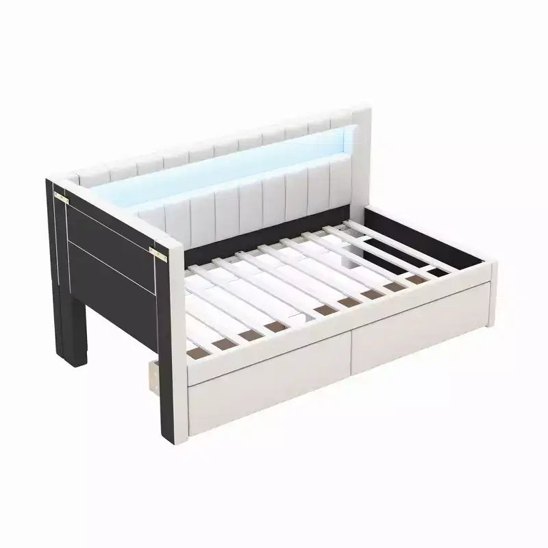 Divano Letto Singolo Imbottito Rosa/Bianco con 2 Cassetti, Testiera a L, Porte USB e LED — Posti a Sedere: 1
