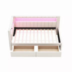 Divano Letto Singolo Imbottito Rosa/Bianco con 2 Cassetti, Testiera a L, Porte USB e LED — Posti a Sedere: 1