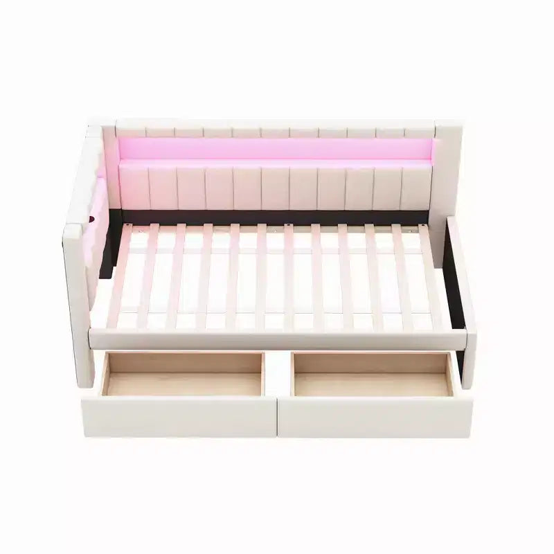 Divano Letto Singolo Imbottito Rosa/Bianco con 2 Cassetti, Testiera a L, Porte USB e LED — Posti a Sedere: 1
