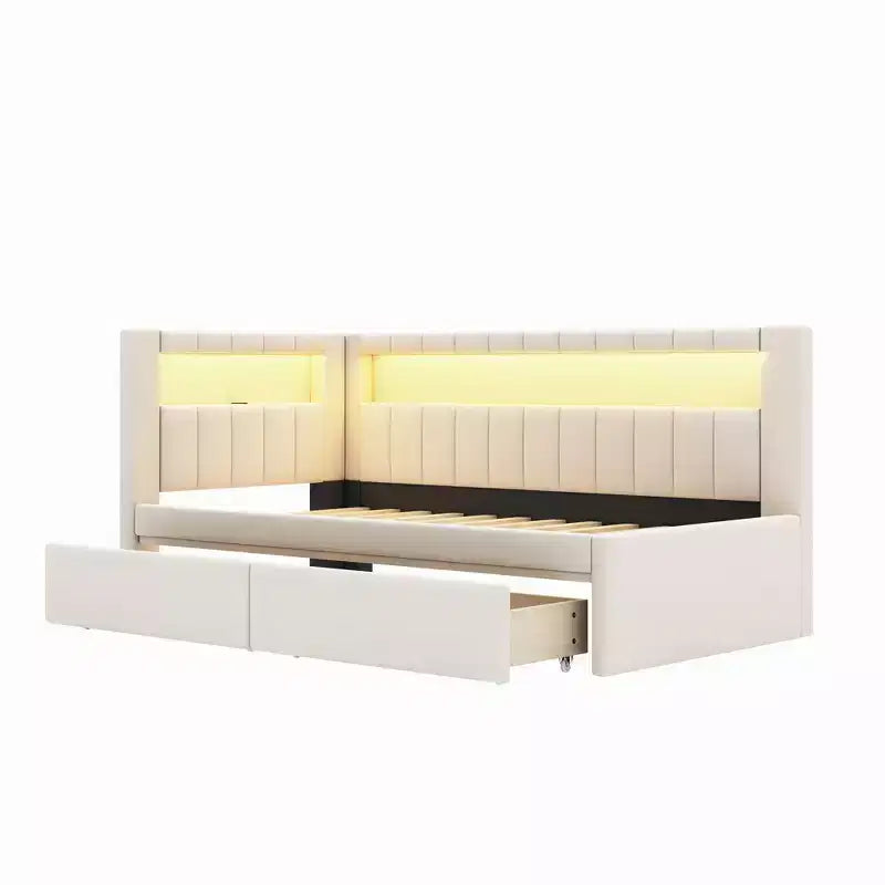 Divano Letto Singolo Imbottito Rosa/Bianco con 2 Cassetti, Testiera a L, Porte USB e LED — Posti a Sedere: 1