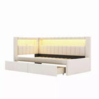 Divano Letto Singolo Imbottito Rosa/Bianco con 2 Cassetti, Testiera a L, Porte USB e LED — Posti a Sedere: 1