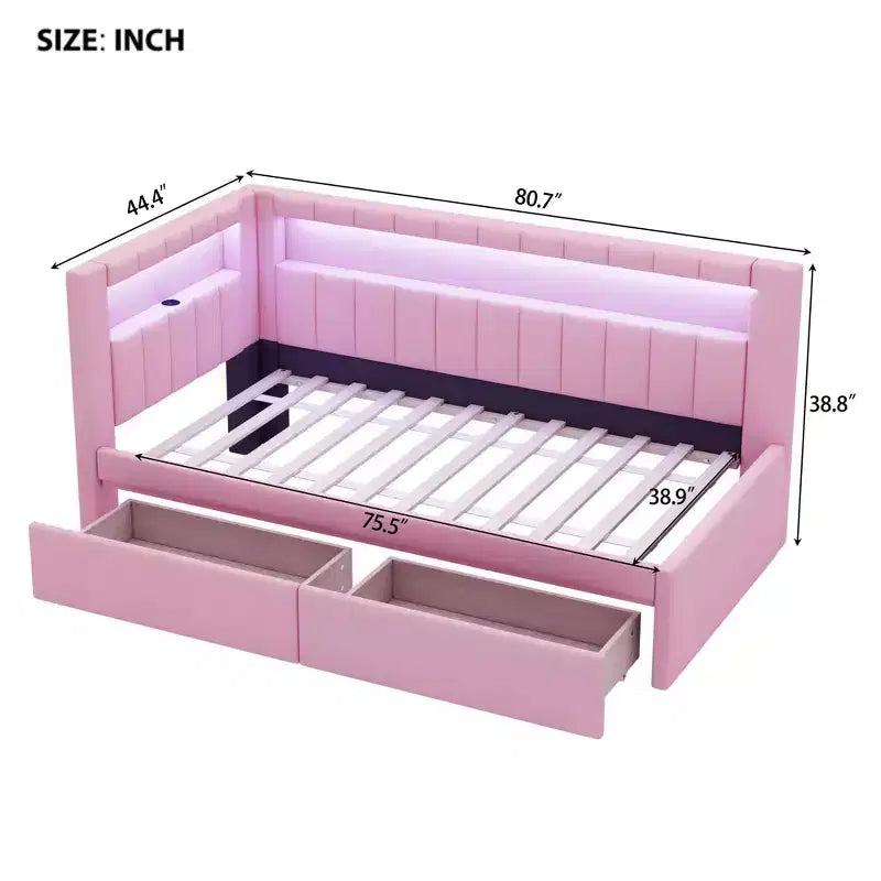 Divano Letto Singolo Imbottito Rosa/Bianco con 2 Cassetti, Testiera a L, Porte USB e LED — Posti a Sedere: 1