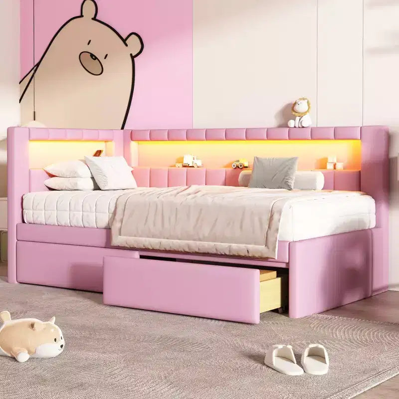 Divano Letto Singolo Imbottito Rosa/Bianco con 2 Cassetti, Testiera a L, Porte USB e LED — Posti a Sedere: 1
