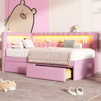 Divano Letto Singolo Imbottito Rosa/Bianco con 2 Cassetti, Testiera a L, Porte USB e LED — Posti a Sedere: 1