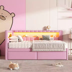 Divano Letto Singolo Imbottito Rosa/Bianco con 2 Cassetti, Testiera a L, Porte USB e LED — Posti a Sedere: 1