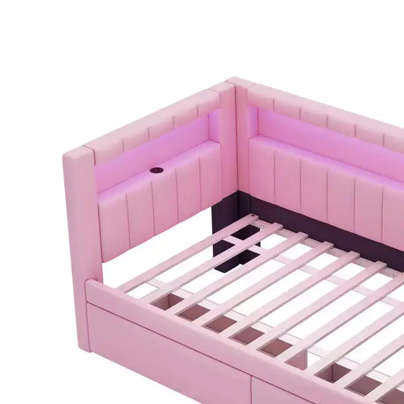 Divano Letto Singolo Imbottito Rosa/Bianco con 2 Cassetti, Testiera a L, Porte USB e LED — Posti a Sedere: 1