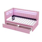 Divano Letto Singolo Imbottito Rosa/Bianco con 2 Cassetti, Testiera a L, Porte USB e LED — Posti a Sedere: 1