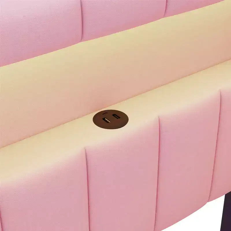 Divano Letto Singolo Imbottito Rosa/Bianco con 2 Cassetti, Testiera a L, Porte USB e LED — Posti a Sedere: 1