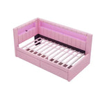 Divano Letto Singolo Imbottito Rosa/Bianco con 2 Cassetti, Testiera a L, Porte USB e LED — Posti a Sedere: 1