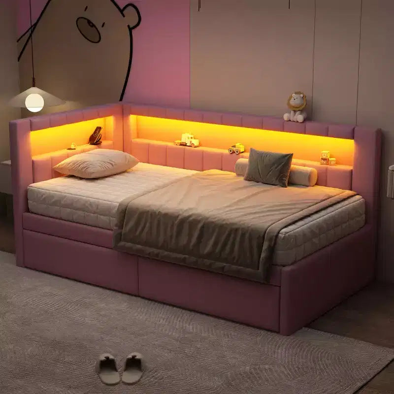 Upholstered Twin Size Daybed with 2 Drawers, Day Bed Frame with Storage L-Shaped Headboard USB Ports and LED