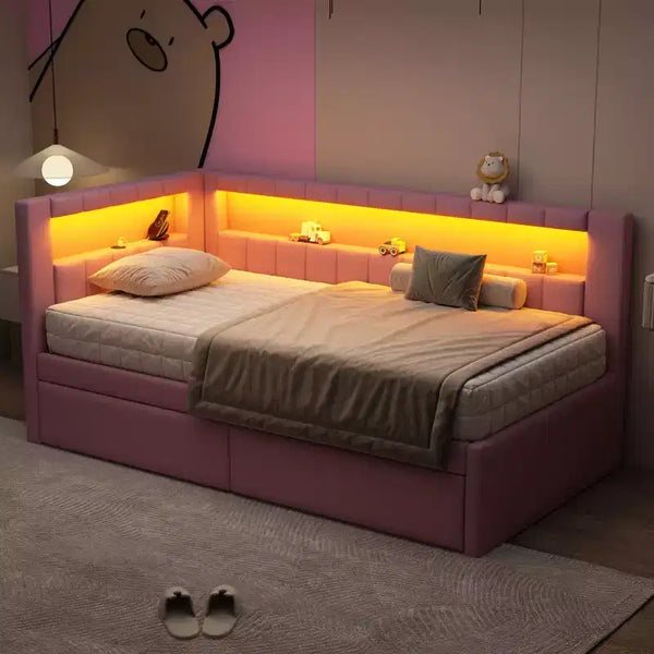 Upholstered Twin Size Daybed with 2 Drawers, Day Bed Frame with Storage L-Shaped Headboard USB Ports and LED