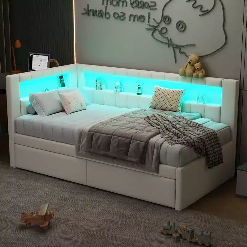 Divano Letto Singolo Imbottito Rosa/Bianco con 2 Cassetti, Testiera a L, Porte USB e LED — Posti a Sedere: 1
