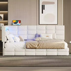 Divano letto angolare a L imbottito beige/grigio con luci a LED, stazione di ricarica e 2 cassetti portaoggetti — 1–2 posti
