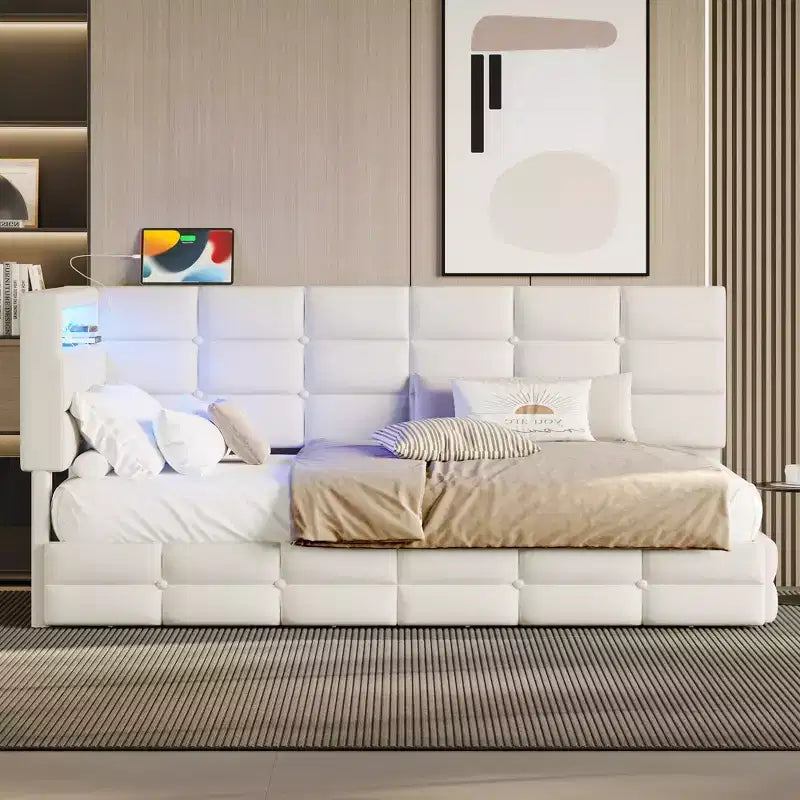 Divano letto angolare a L imbottito beige/grigio con luci a LED, stazione di ricarica e 2 cassetti portaoggetti — 1–2 posti