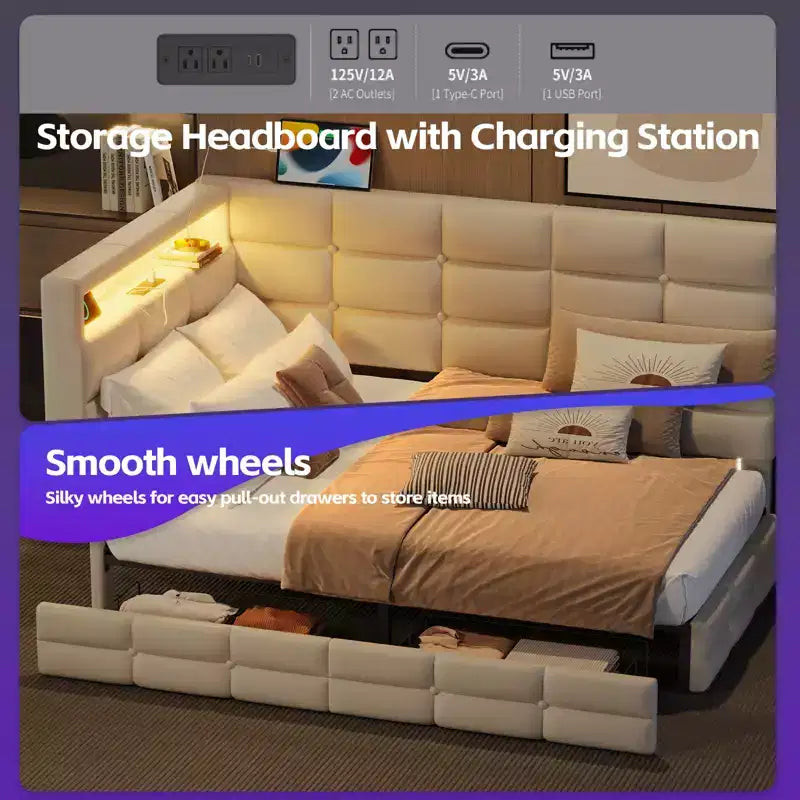 Divano letto angolare a L imbottito beige/grigio con luci a LED, stazione di ricarica e 2 cassetti portaoggetti — 1–2 posti