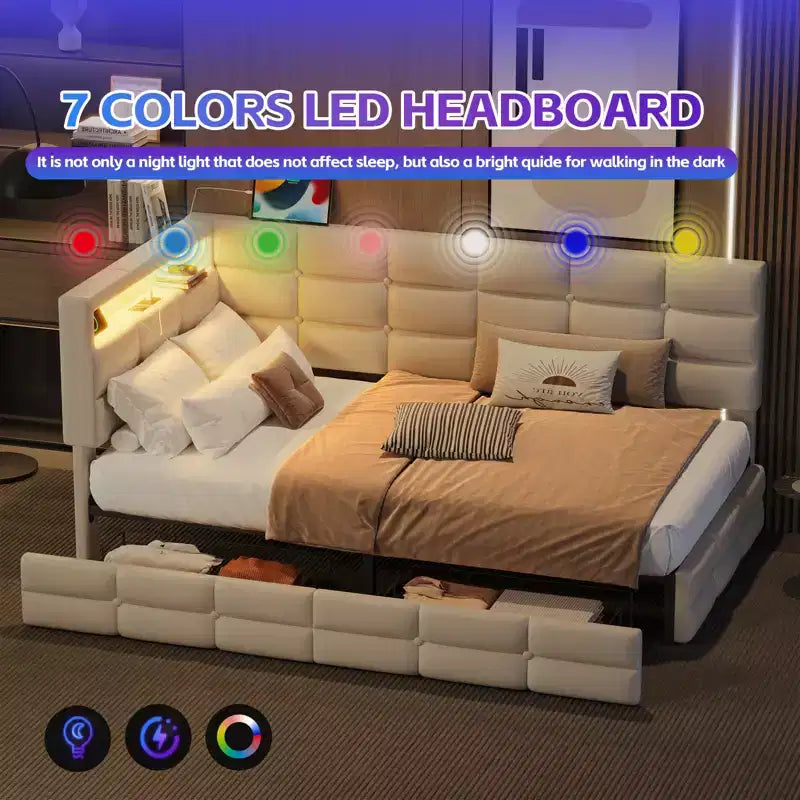 Divano letto angolare a L imbottito beige/grigio con luci a LED, stazione di ricarica e 2 cassetti portaoggetti — 1–2 posti