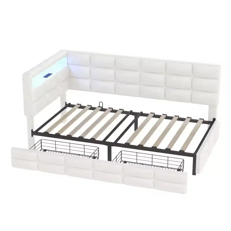 Divano letto angolare a L imbottito beige/grigio con luci a LED, stazione di ricarica e 2 cassetti portaoggetti — 1–2 posti