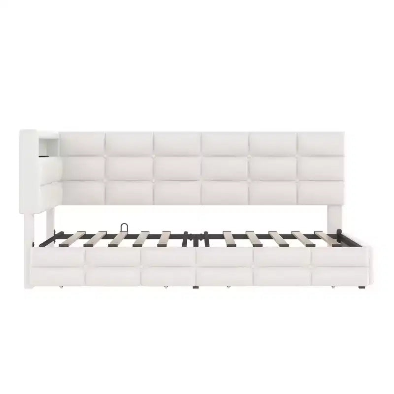 Divano letto angolare a L imbottito beige/grigio con luci a LED, stazione di ricarica e 2 cassetti portaoggetti — 1–2 posti