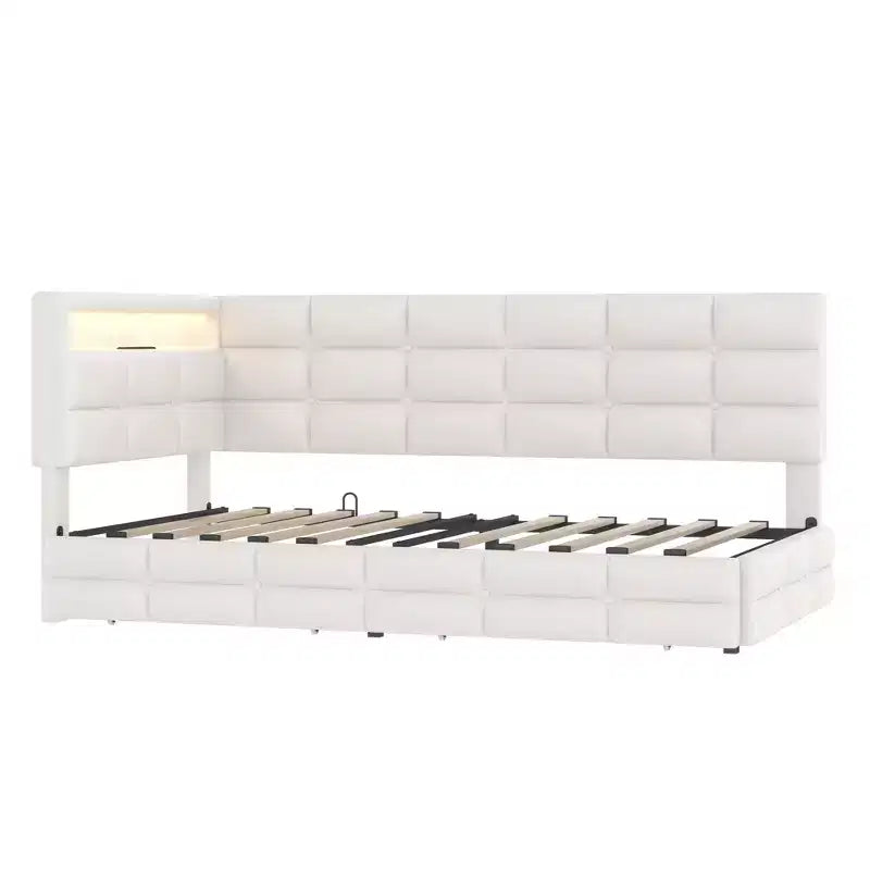 Divano letto angolare a L imbottito beige/grigio con luci a LED, stazione di ricarica e 2 cassetti portaoggetti — 1–2 posti