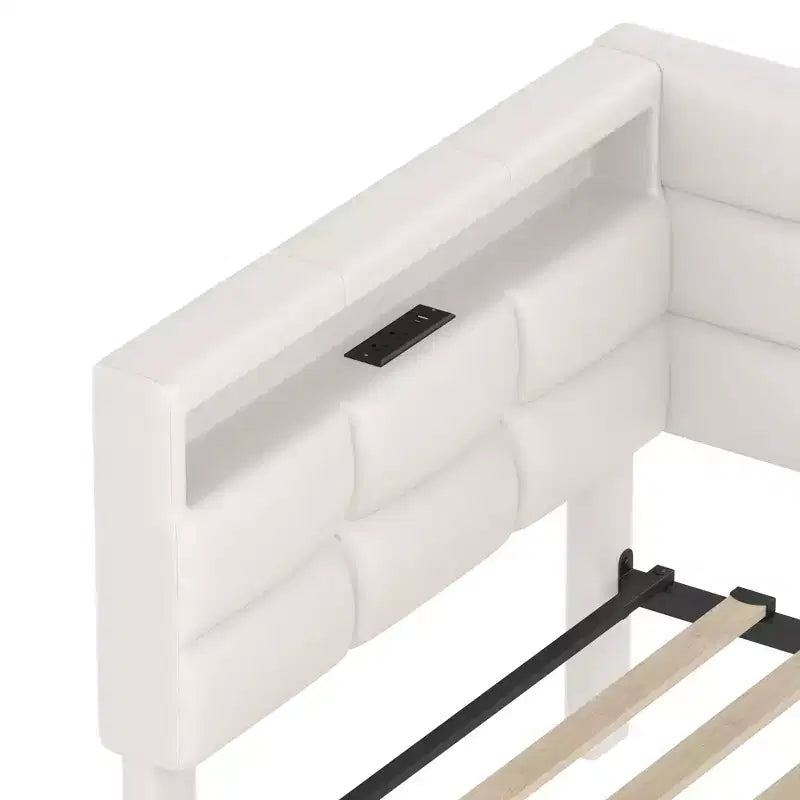 Divano letto angolare a L imbottito beige/grigio con luci a LED, stazione di ricarica e 2 cassetti portaoggetti — 1–2 posti