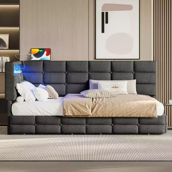 Divano letto angolare a L imbottito beige/grigio con luci a LED, stazione di ricarica e 2 cassetti portaoggetti — 1–2 posti