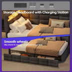 Divano letto angolare a L imbottito beige/grigio con luci a LED, stazione di ricarica e 2 cassetti portaoggetti — 1–2 posti