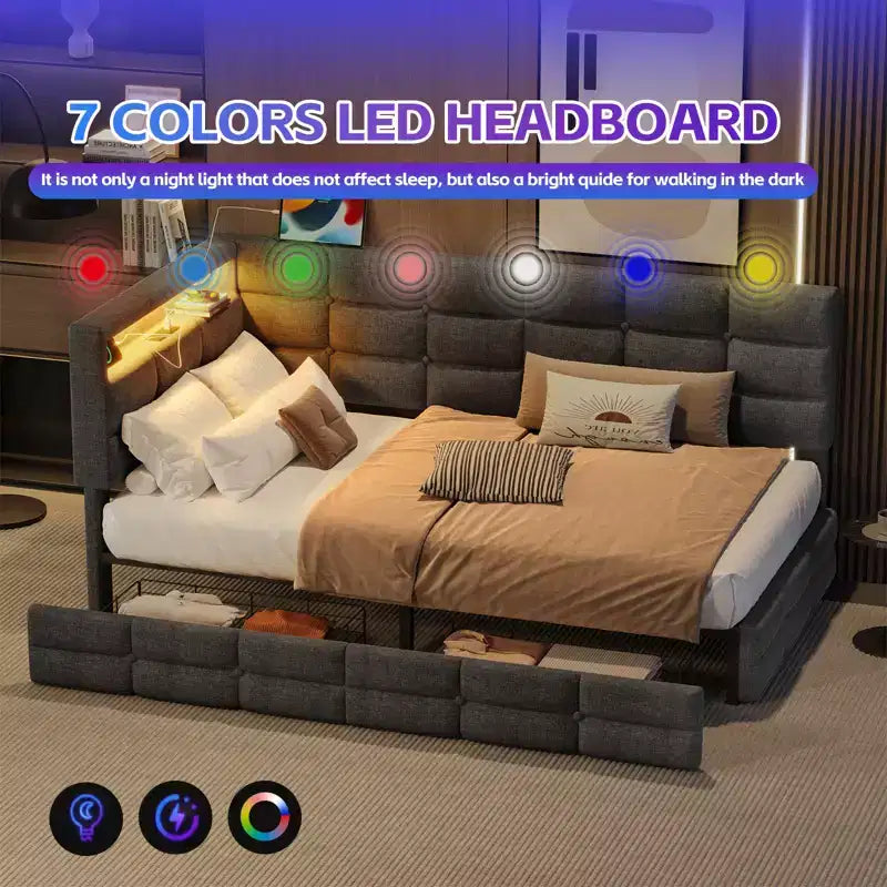 Divano letto angolare a L imbottito beige/grigio con luci a LED, stazione di ricarica e 2 cassetti portaoggetti — 1–2 posti