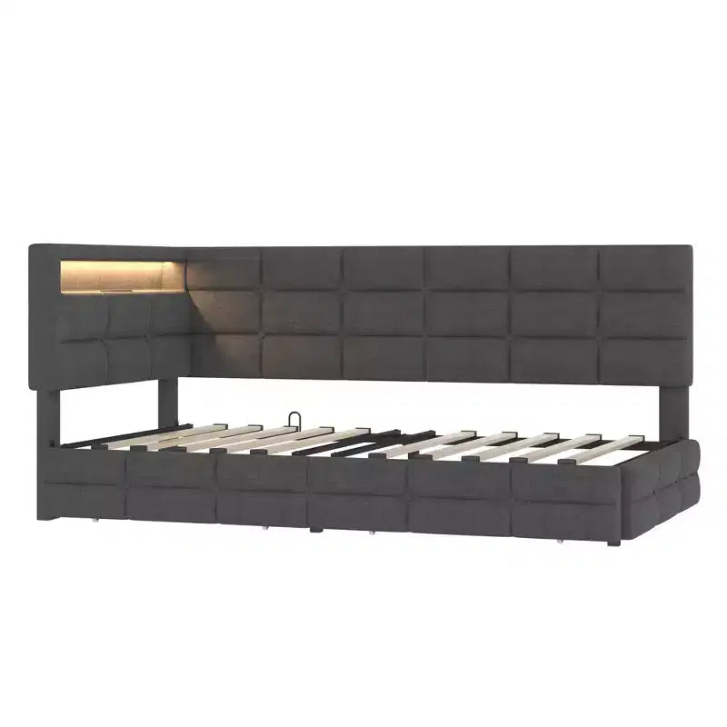 Divano letto angolare a L imbottito beige/grigio con luci a LED, stazione di ricarica e 2 cassetti portaoggetti — 1–2 posti