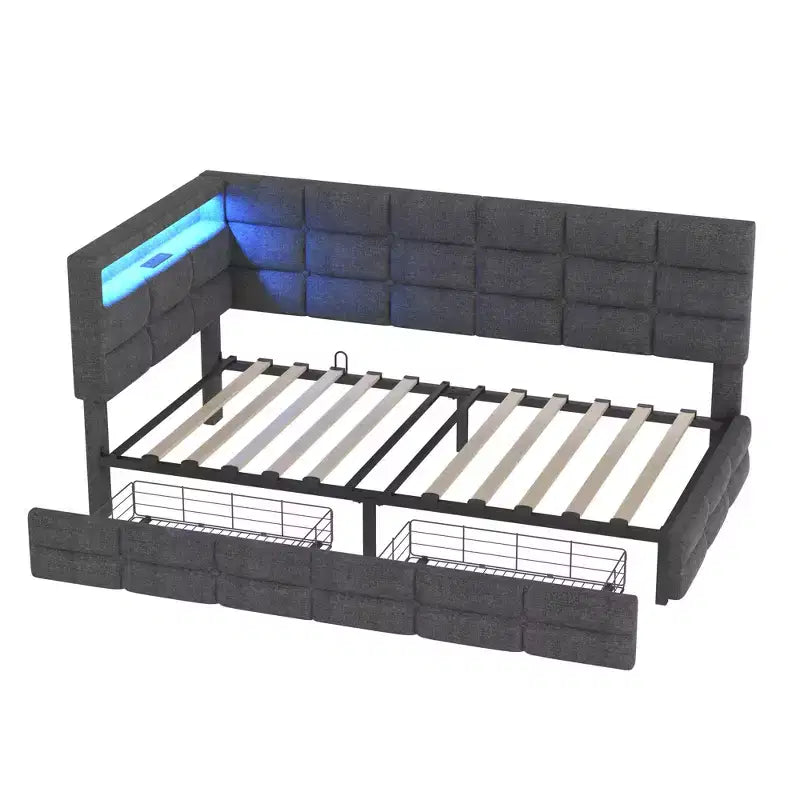 Divano letto angolare a L imbottito beige/grigio con luci a LED, stazione di ricarica e 2 cassetti portaoggetti — 1–2 posti