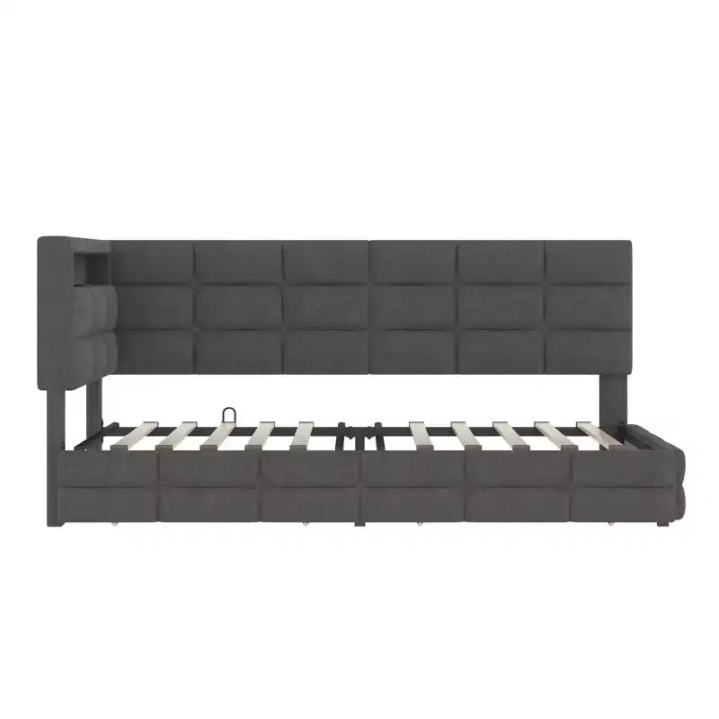 Divano letto angolare a L imbottito beige/grigio con luci a LED, stazione di ricarica e 2 cassetti portaoggetti — 1–2 posti