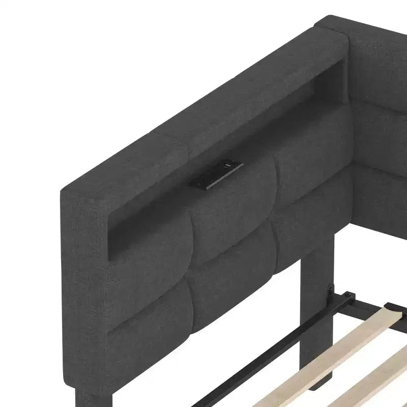 Divano letto angolare a L imbottito beige/grigio con luci a LED, stazione di ricarica e 2 cassetti portaoggetti — 1–2 posti